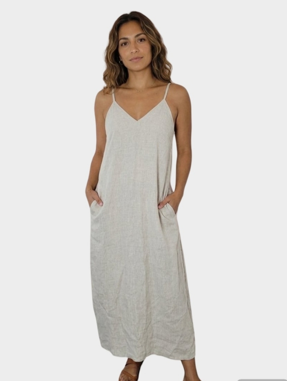 Saks Fifth Avenue 100% Linen Maxi Dress with Pockets - Beige - Size XS (Fits S)